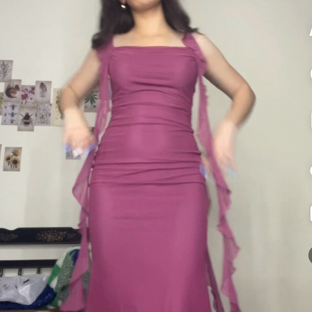 mesh magenta ruffle maxi dress